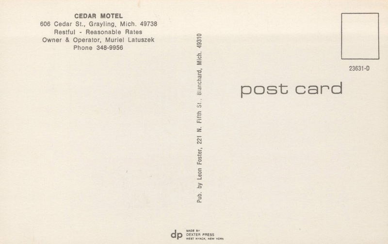 Cedar Motel (Bennett Motel, Clarks Motel) - Cedar Motel Vintage Postcard Back (newer photo)